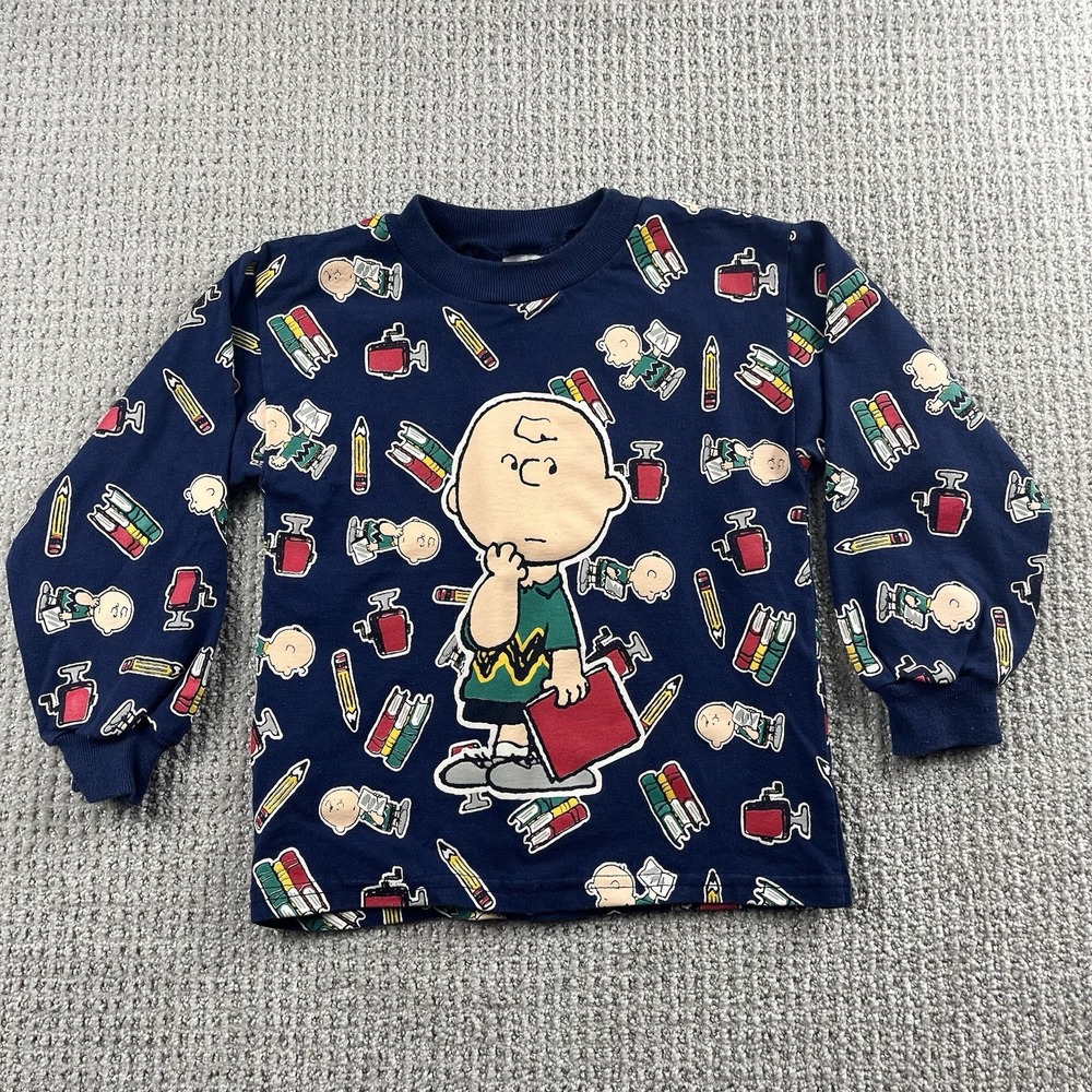 Vintage Snoopy Peanuts Sweatshirt Charlie Brown AOP School Youth Size 5 XS Navy
